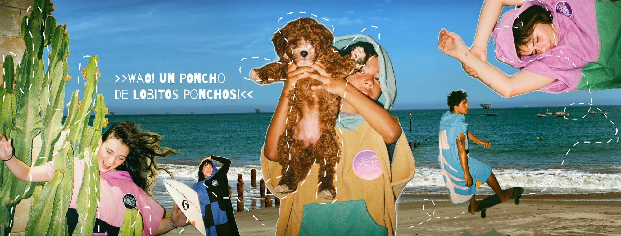 Wow! A Lobitos Ponchos poncho: a little boy holding a puppy and young people in colorful ponchos on the beach