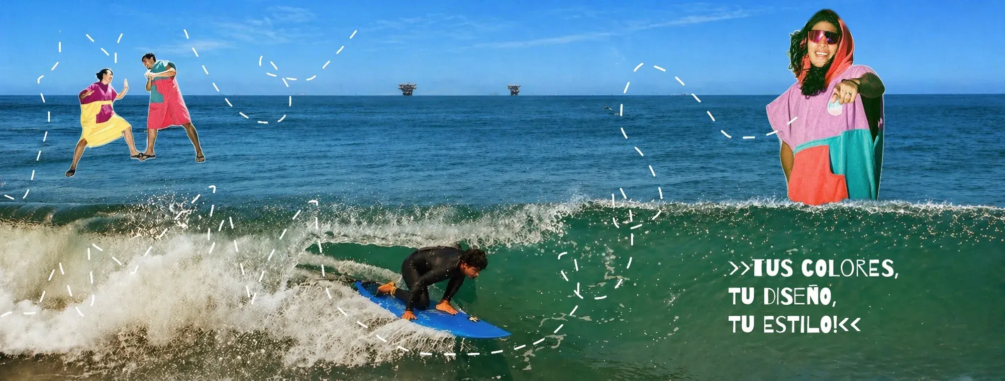 Your colors, your design, your style: a surfer riding a wave and young people in two-tone ponchos